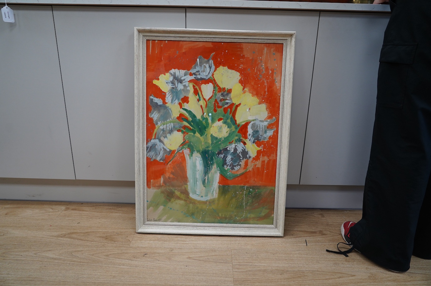 Gladwell, mid 20th century gouache, Still life of tulips in a vase, signed and dated '57, 72 x 52cm. Condition - good